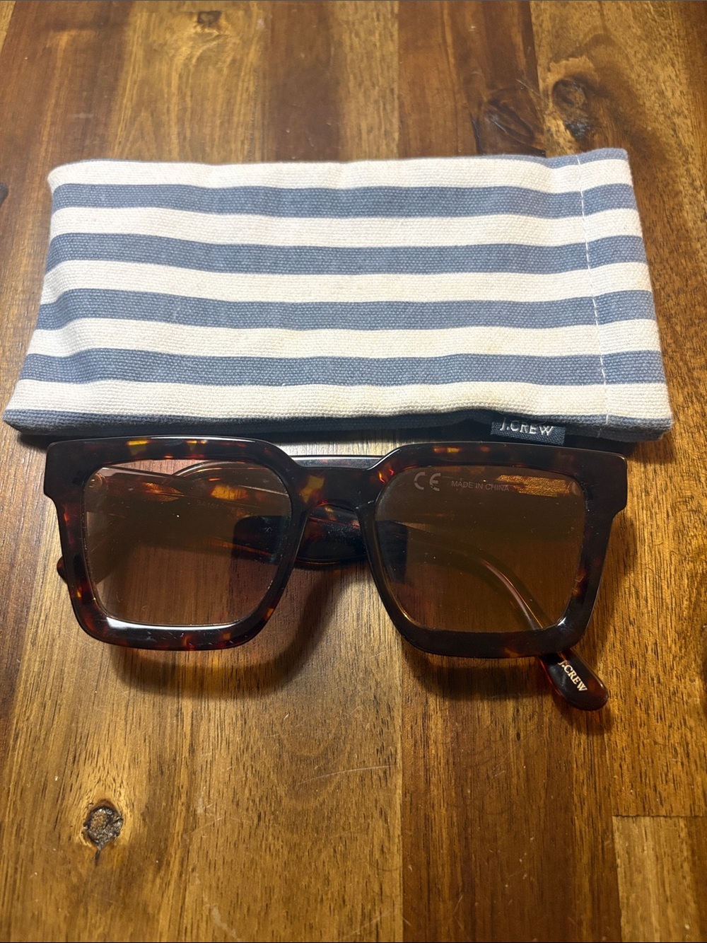 J. Crew Tortoiseshell Square Sunglasses with Gold Tint lense and Striped Pouch